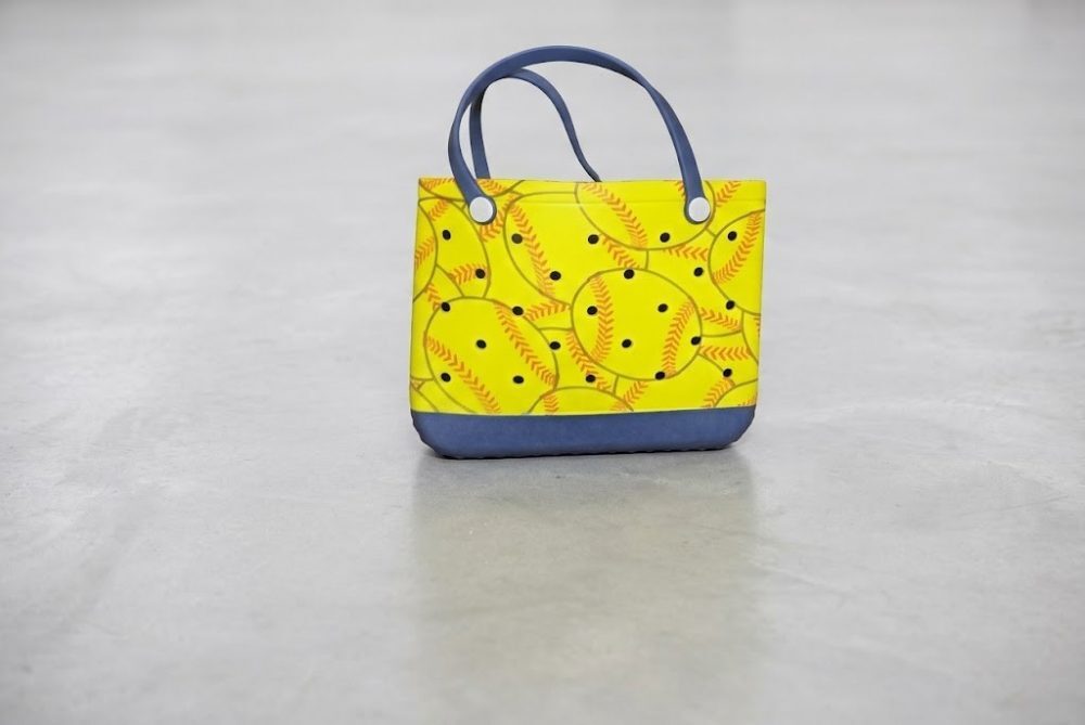 Yellow Blue Softball Print Rubber Tote Bag Purse Womens Game Day Beach Sports
